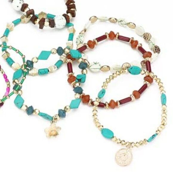 12PCS - Coin Flower Charm Wood Multi Beaded Stretch Bracelets  Item:  Bracelet S - Picture 4 of 7